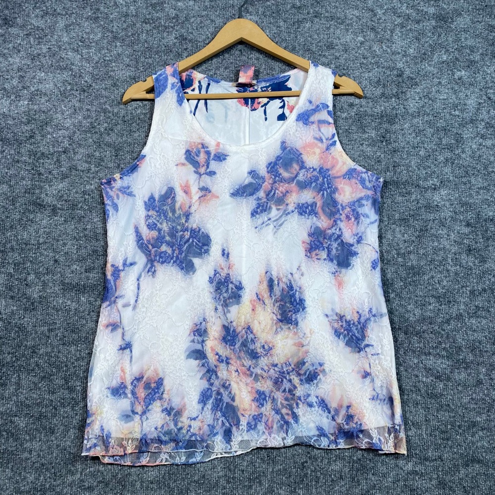 Brittany Black Floral Lace Sleeveless Tank Top Blue Pink Watercolor Large USA
